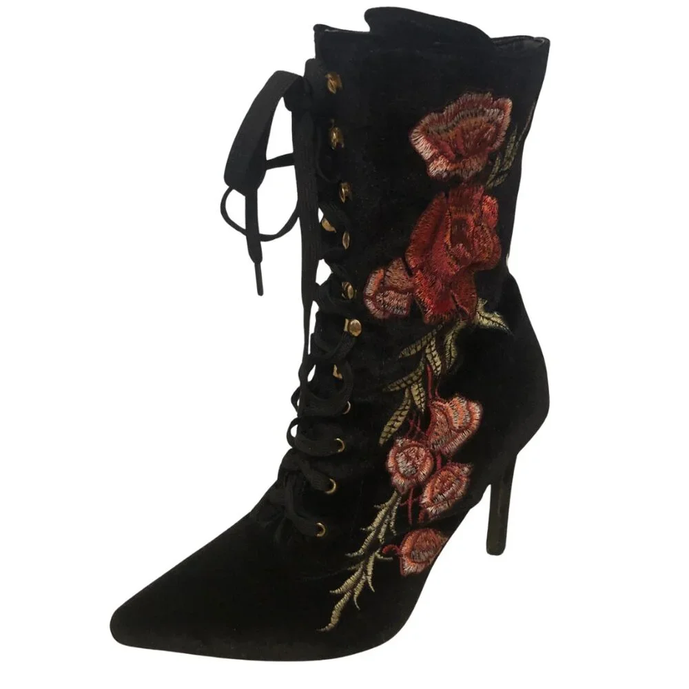 SOLD Velvet Stiletto Victorian Lace up Whimsigoth Witchy Boho Boots Pink Flower - Picture 3 of 13